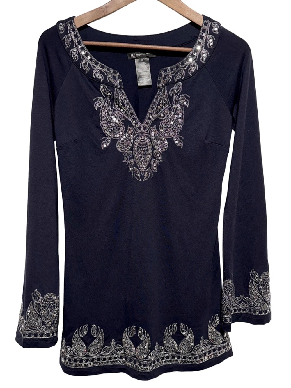 Navy Embellished Sequin Tunic Top Pima Cotton Modal Boho Holiday Resort Small